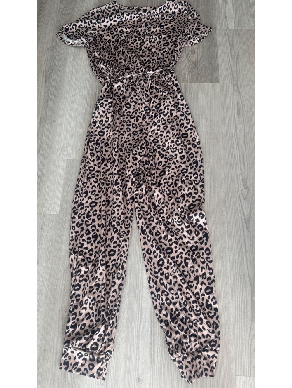 Leopard Print Satin Jogger Jumpsuit Drawstring Waist Pockets Y2K